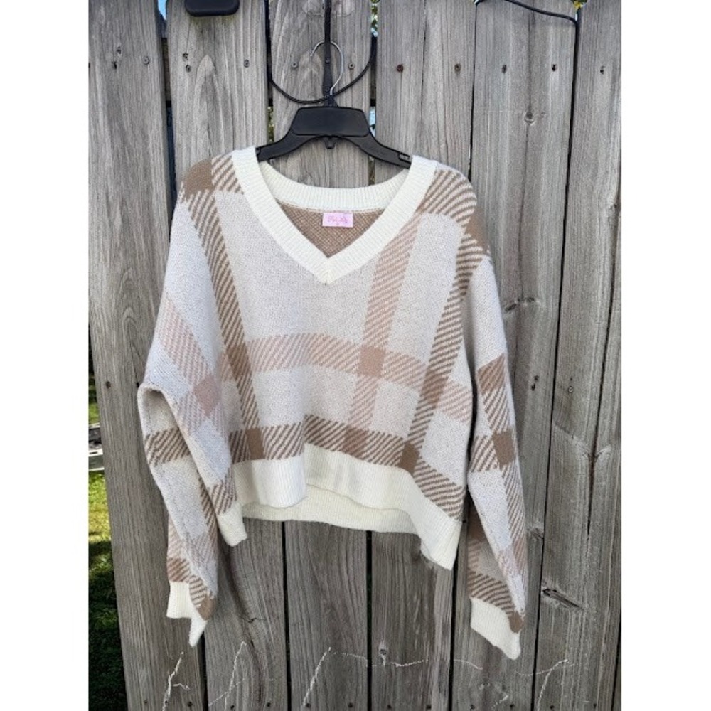 Preppy Plaid Pink Lily V-Neck Sweater Size M Cream Tan Oversized PL3064